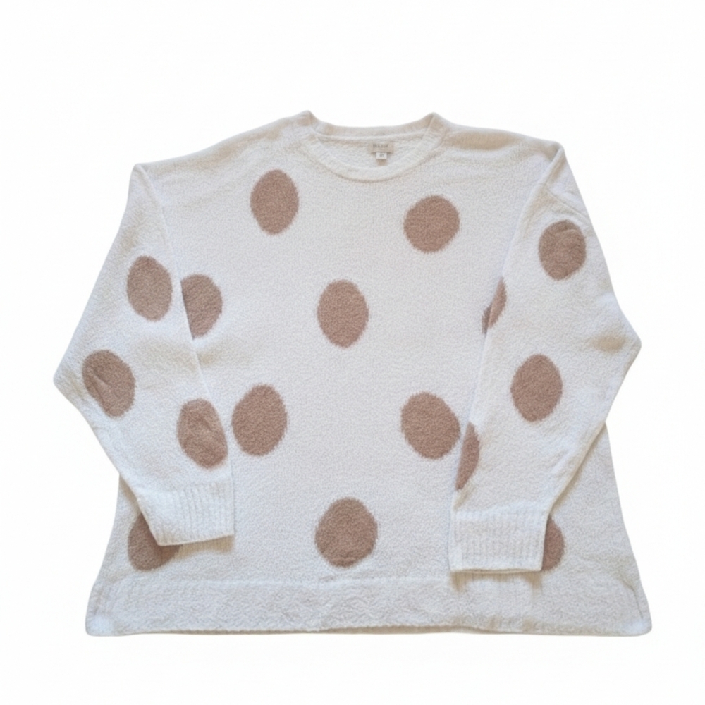 J Crew Oversized Polka Dot Sweater M Cream Tan Camel Plush Knit Crewneck